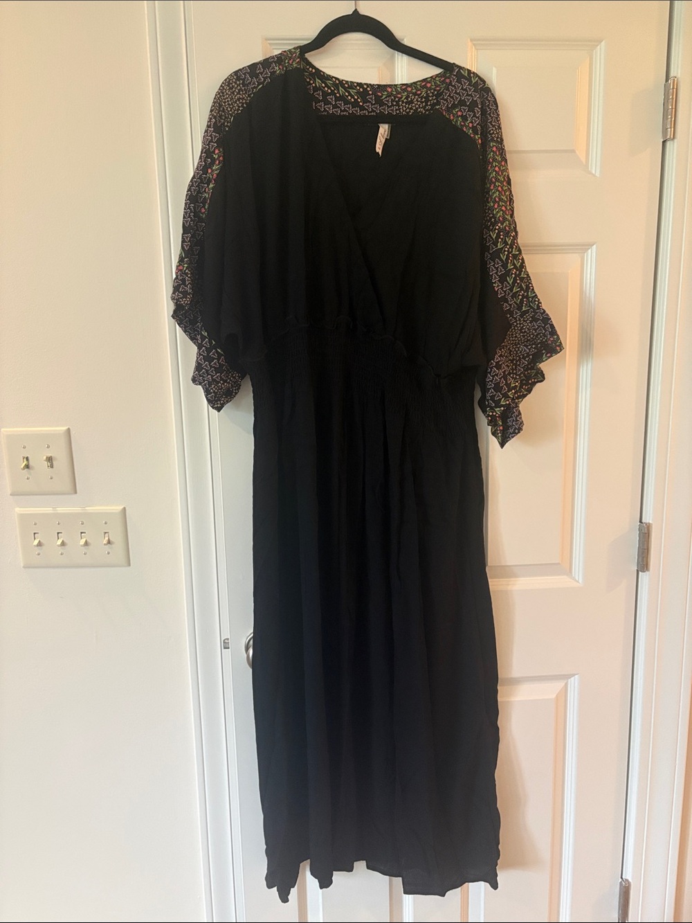 Black Maxi Dress with Multicolor Embroidered Sleeve Trim